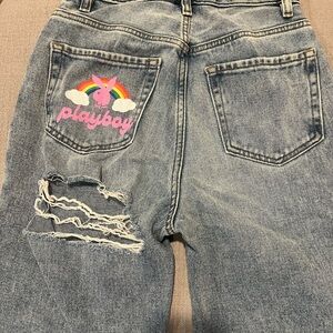 PLAYBOY Women's Distressed Blue Boyfriend Jeans with Unicorn Patch